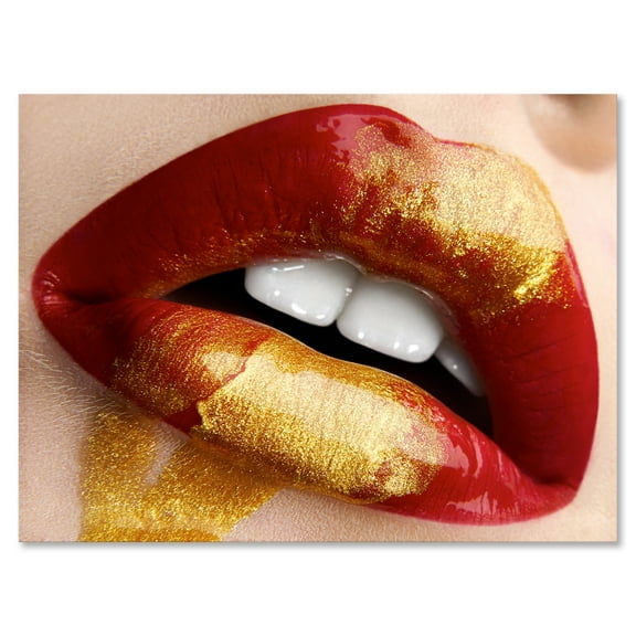 Designart ' Plump Woman Lips With Gold and Red ' Modern Canvas Wall Art Print