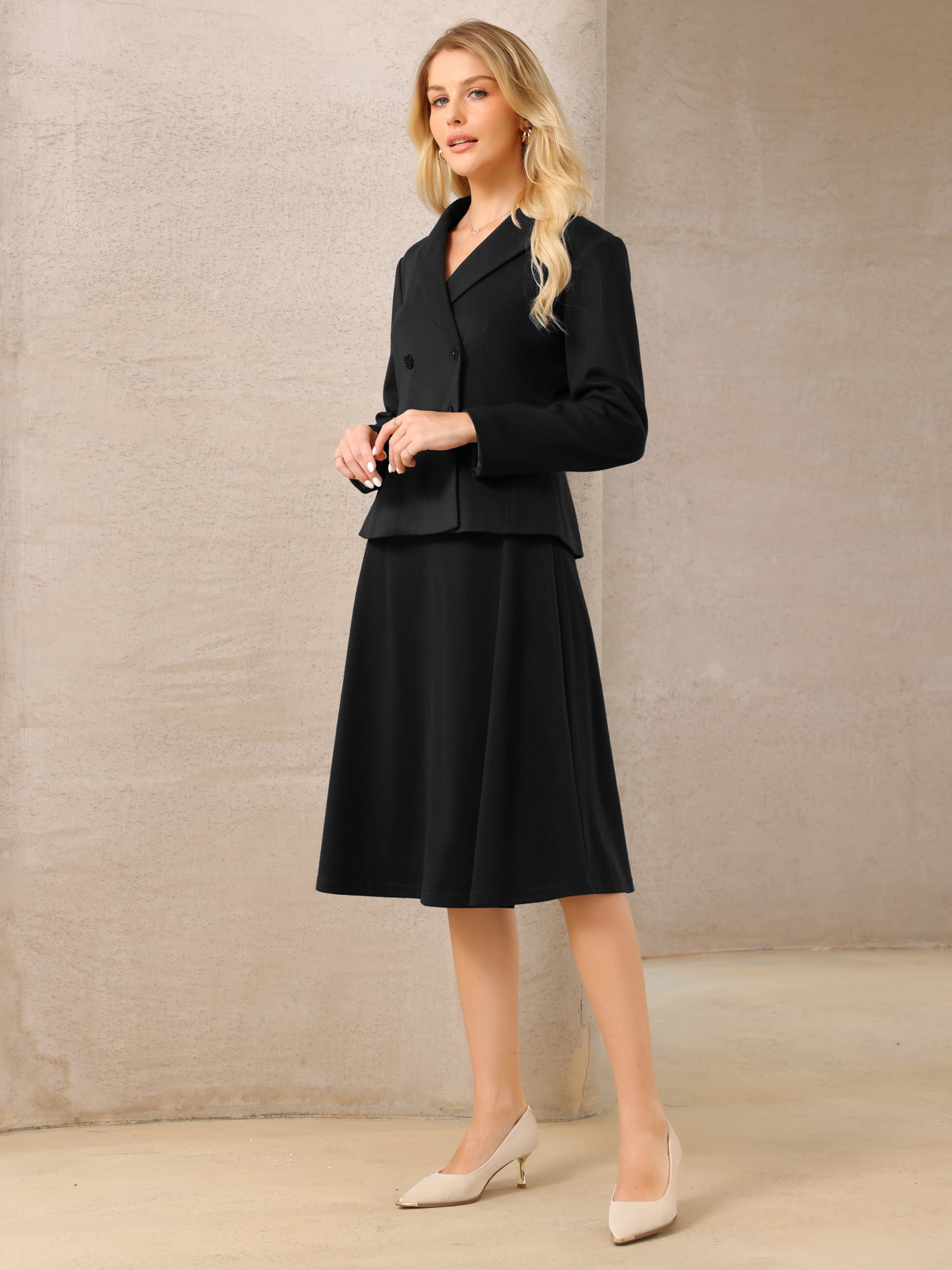 DARING DIVA Women's 2Pcs Double Breasted Blazers and A-Line Skirts Set S Black
