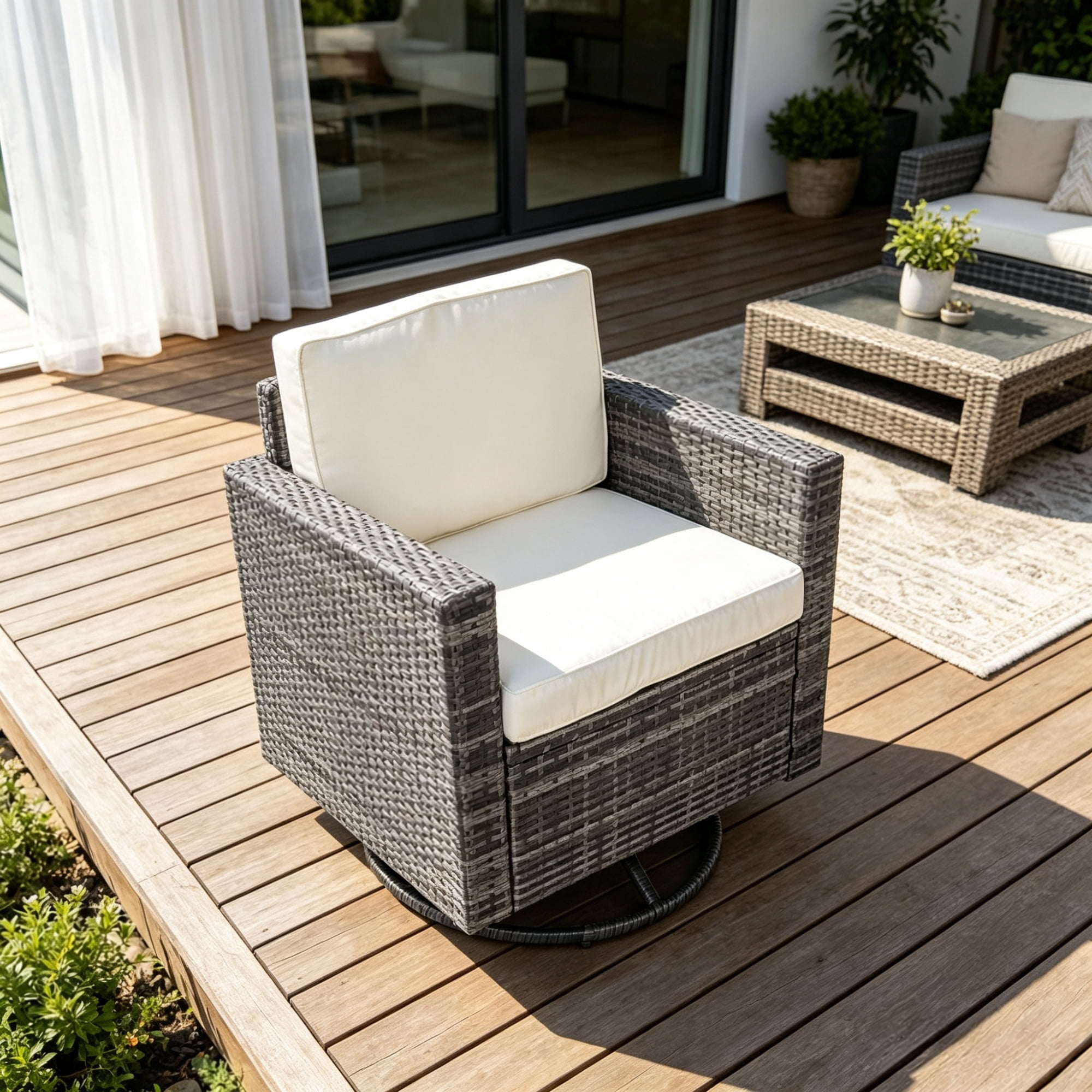 Outdoor Swivel Rocker, 360° Patio Glider Chair for Porch, Backyard, Deck, Cream White PE Wicker