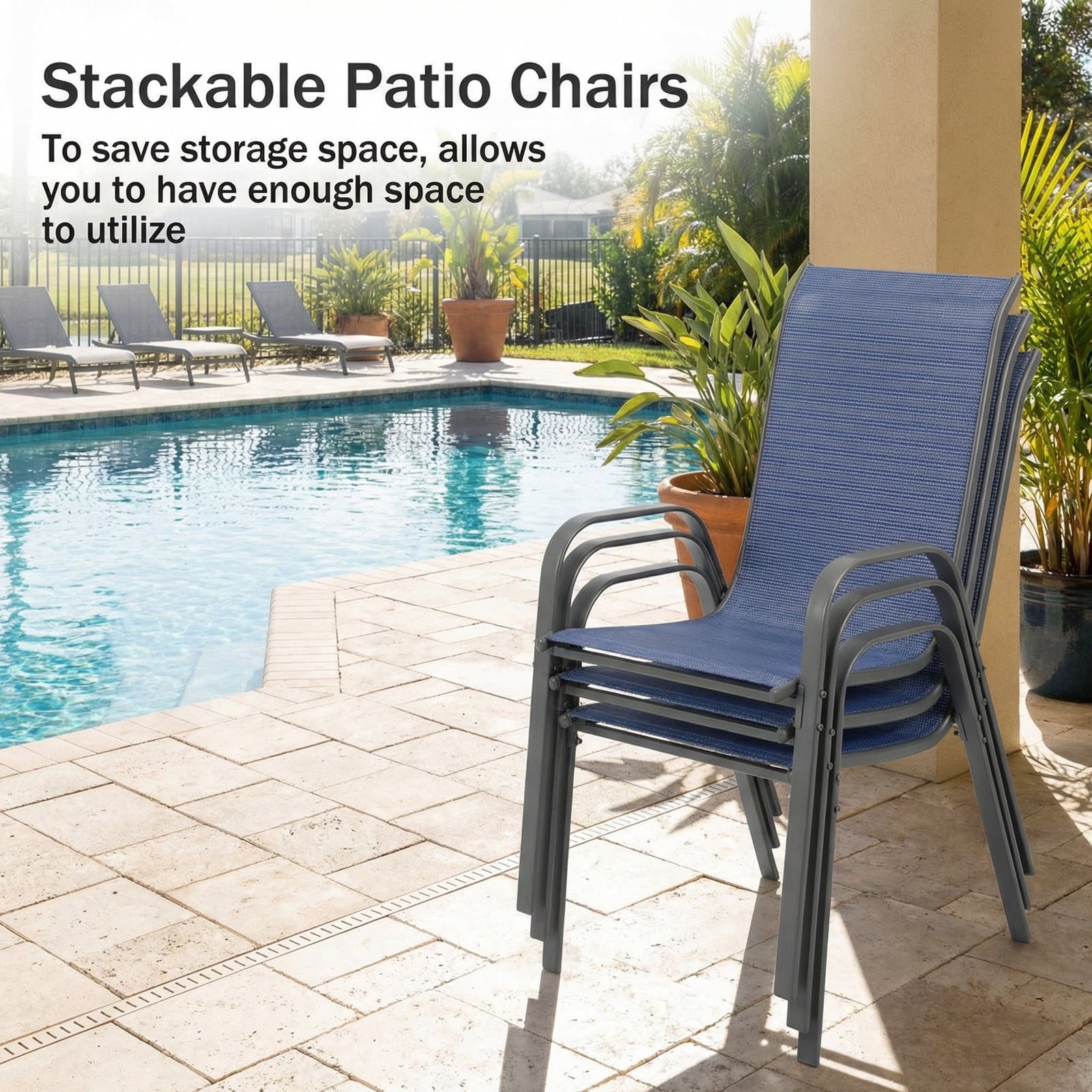 TLSUNNY Outdoor Patio Dining Chairs Set of 4, Stackable, Wide Breathable Seats & Metal Frame for Deck/Restaurant/Camping