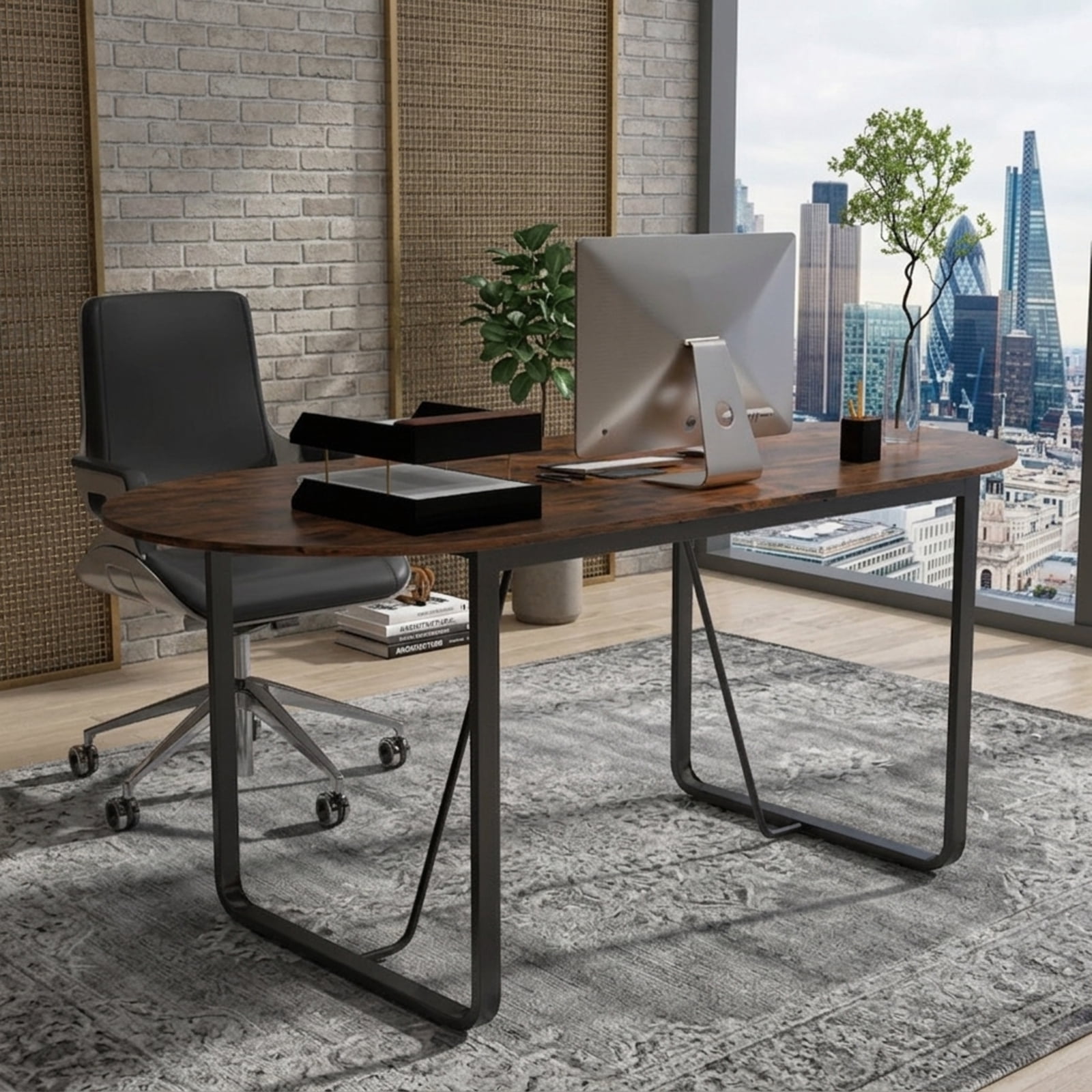Furnibear Executive Desk 71 Inch Large Oval Home Office Desk Computer Writing Work Desk with Cable Management Hole and Metal Frame, Rustic Brown