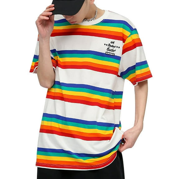 Women's Colorful Rainbow Stripe T-Shirt, Rainbow Round Neck Short Sleeve Basic Shirt Top, S