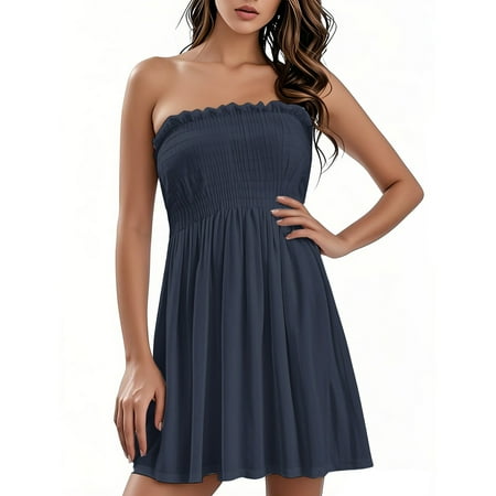 OAMDNDEA Vacation Dresses for Women 2025 Strapless Sleeveless Tube Top Dress Summer Solid Color Boho Dress Plus Size Flowy Off the Shoulder Sun Dresses Beach Vacation Clothes Dark Blue S
