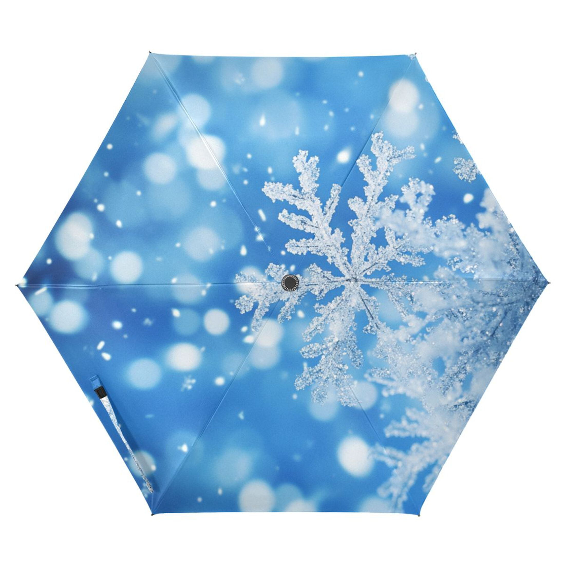 Blue Snowflakes All Weather Umbrella Triple Folding Parasol 6 Ribs UV Protection Portable
