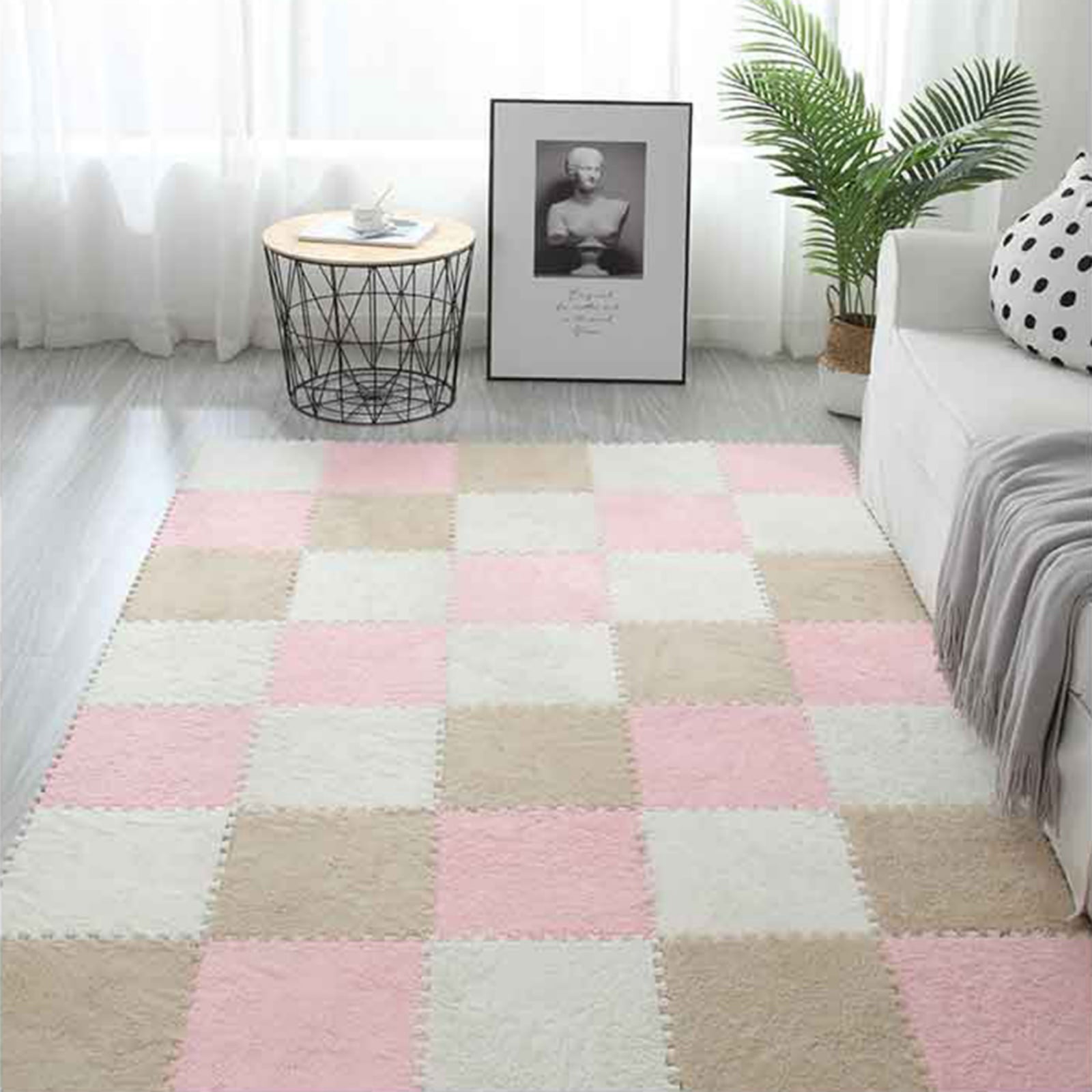 10PCS Plush Puzzle Foam Floor Mat for Kids- Thick Interlocking Fluffy Tiles with Border,Square Rug Split Joint Soft Climbing Carpet Mats Shaggy Area Rug for Room Floor-11.8 Inch