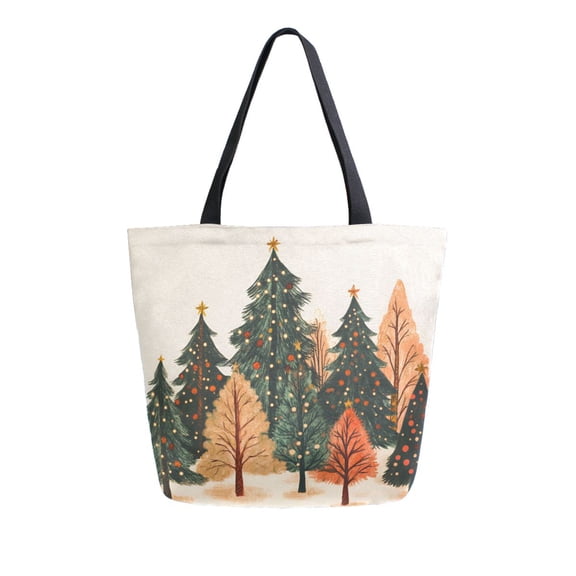FORMRS Womens Canvas Tote Bag with Zipper Inner Pocket Shoulder Handbag, Brown Christmas Trees