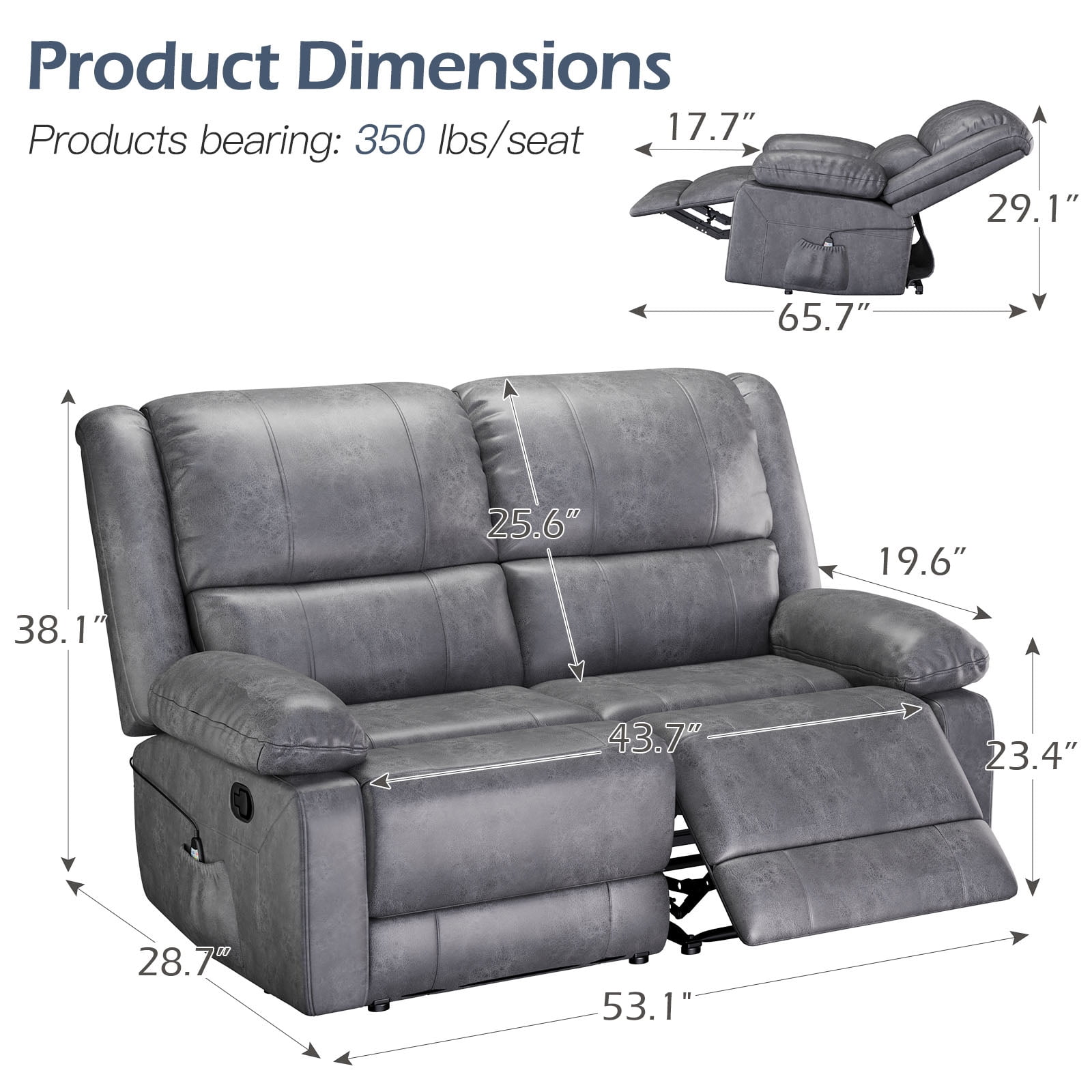 Recliner Loveseat 2-Seater With Massage Heat Wall-Hugger
