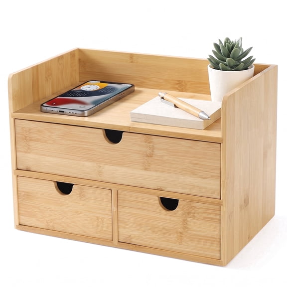 Wisucart Bamboo Desk Organizer with 3 Drawers, Desktop Storage for Office Supplies Makeup Accessories, Home Office Countertop Organizer
