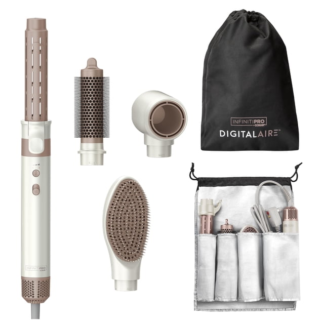 Plancha de pelo INFINITIPRO BY CONAIR DigitalAIRE Multi, sistema de peinado con aire para rizos, ondas, secado y volumen, 4 accesorios para personalizar tu look y bolsa de almacenamiento, color blanco