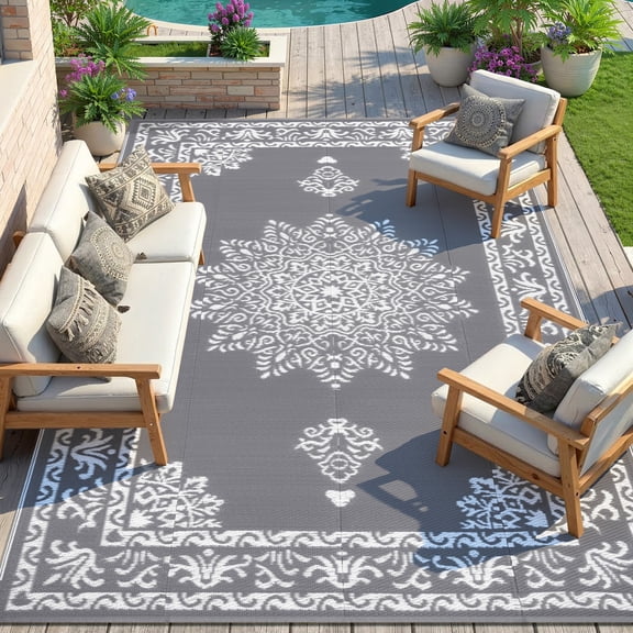 Yamaziot 9'x12' Outdoor Rugs Patio Rug Reversible Mats, RV Rug, Waterproof Camping Rug Plastic Straw Outdoor Rug for Patio, Porch, Balcony, Beach, Deck, Backyard, Garden, Gray