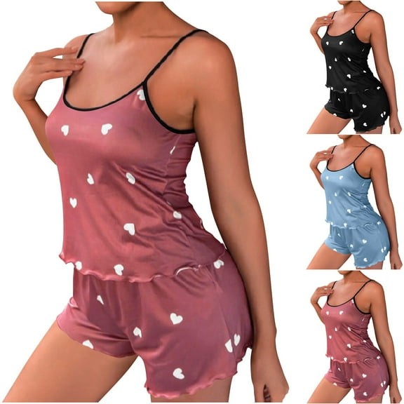 Ahuyic Womens Summer Plus Size Pajamas, Womens Casual Homewear Pajamas Set,Womens Summer Heart Print Sleepwear Set Show Your Figure Solid Color Two Piece Pajamas Set