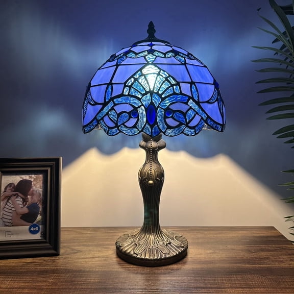 Tiffany Style Table Lamp Blue Stained Glass Baroque Style LED Bulb Included for Living Room Bedroom Bedside 12'W*12"D*19"H