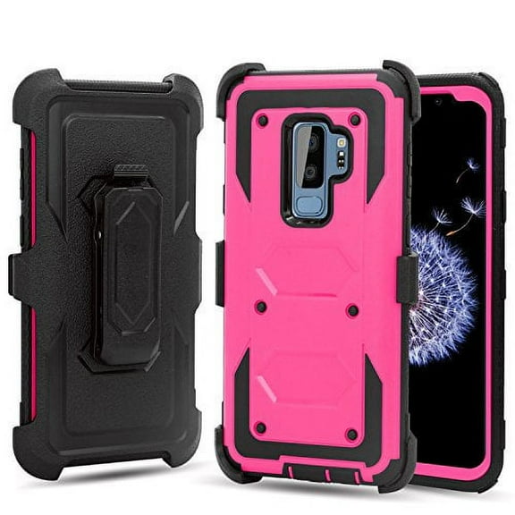 GoldCherry for Samsung Galaxy S9 Plus Case,Heavy Duty Shockproof Full Body Protection Rugged Hybrid Case Cover with Swivel Belt Clip and Kickstand for Samsung Galaxy S9 Plus(Pink)