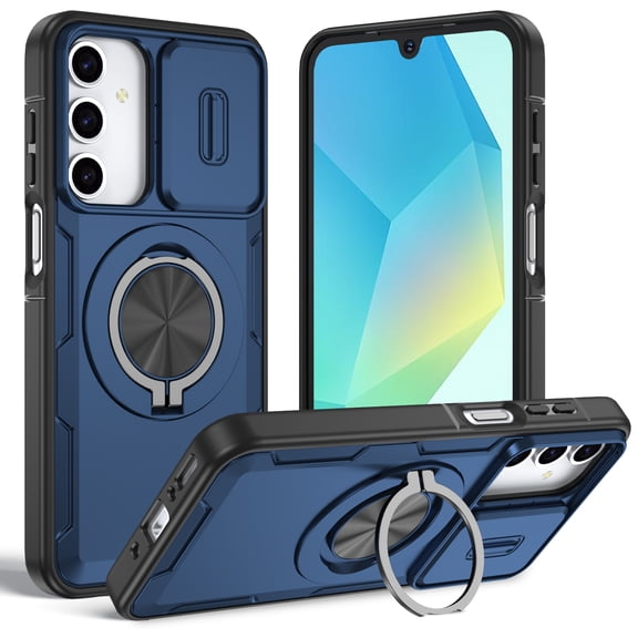 Luxury Magnetic Case for Samsung Galaxy A36 5G with 360° Rotating Ring Stand Sliding Camera Cover, Matte Ultra Slim Protective Anti-Scratch Lightweight Phone Case for Galaxy A36 5G, Darkblue