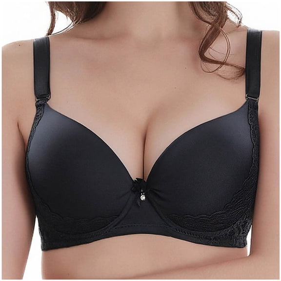Qgtaibl Push Up Support Bras for Women Padded Satin Cup Lace Trim Side Panels Mini Bow With Pendant Daily Lingerie Comfort Adjustable Shoulder Straps T Shirt Bralette Black 80D