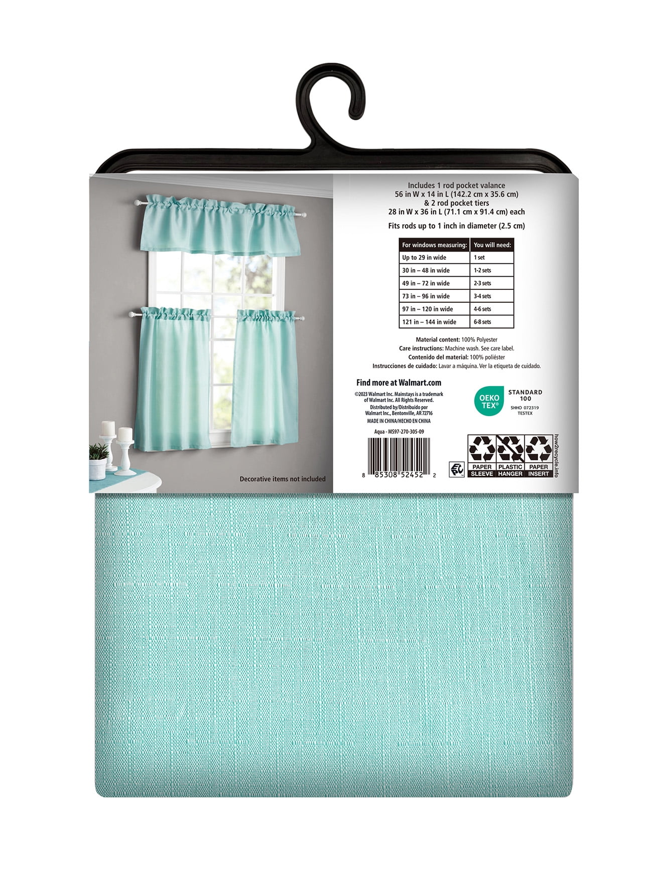 Mainstays Rod Pocket Tier and Valance Kitchen Curtain Set, 3-Piece, Light Blue, 56 in W x 36 in L
