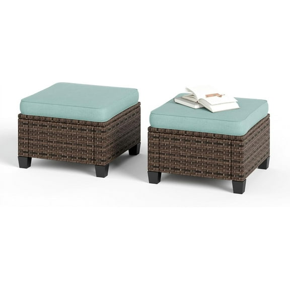HERA'S HOUSE Outdoor Wicker Ottoman Set of 2, Patio Footstool Footrest Seat with 4" Cushions, 2 Pieces Brown Rattan Garden Stool Furniture in Blue