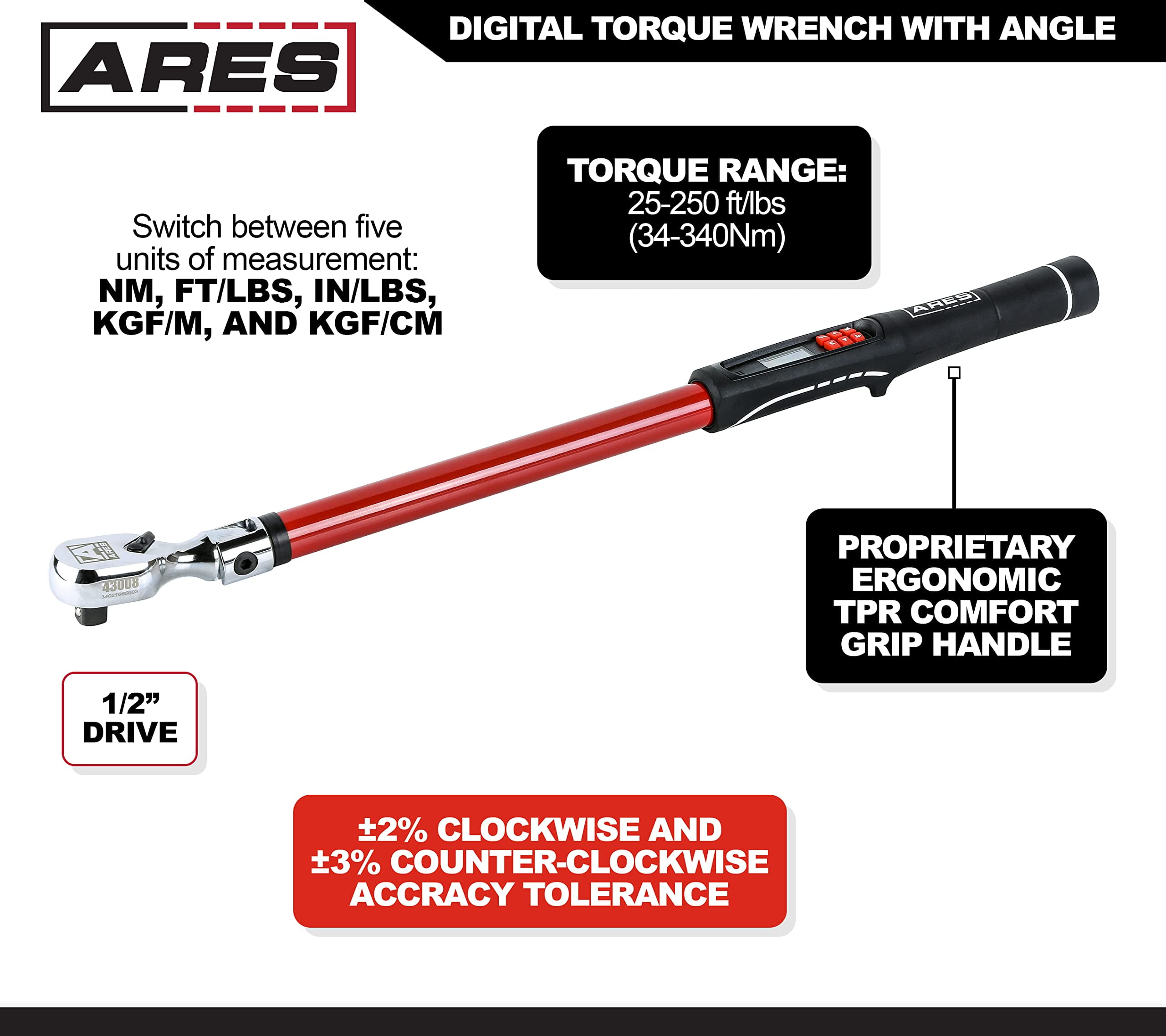 ARES 43007-3/8" Drive Flex Head Electronic Digital Torque And Torque Angle Wrench - 3-30,5 M/lb (13,5-135 Nm) - Tête Scellée Réversible - Multi-alerte Empêche Le Surcouple