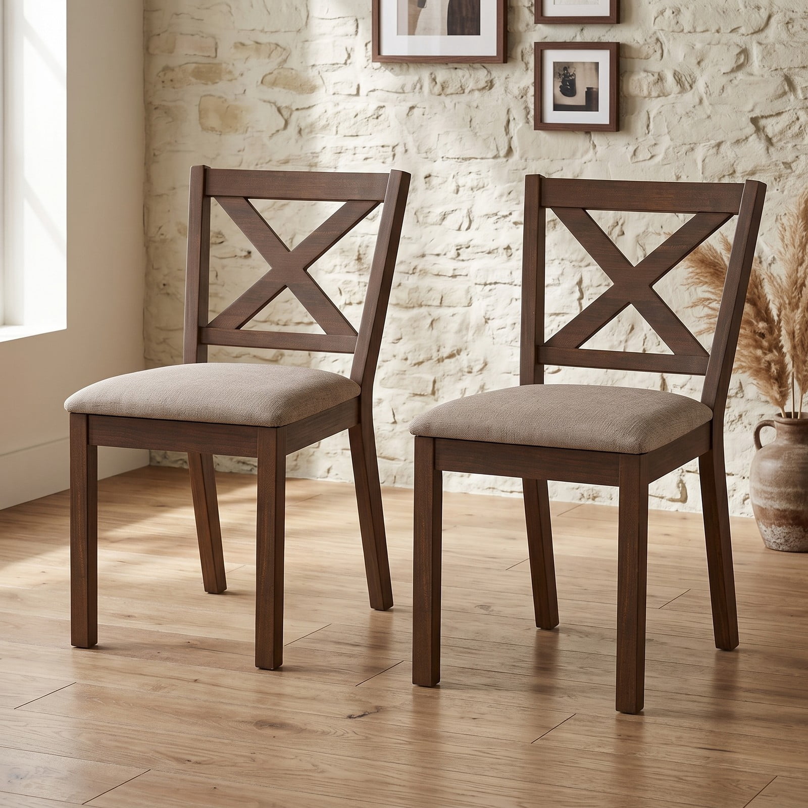 Furnibear Dining Chair Set of 2, Modern Farmhouse Kitchen Chairs with Upholstered Linen Seat, X-Shaped Backrest and Rubber Wood Legs, 400 lb Capacity Side, Brown
