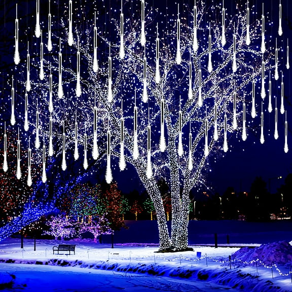 Kwaiffeo Christmas Lights Outdoor, Meteor Shower Lights Falling Rain Lights 12 inch 8 Tube Snow Falling Icicle Cascading Lights for Xmas Tree Halloween Decoration Wedding Party, UL Plug, White
