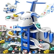 Transport Plane Adventure Car Toys for Toddler Age 2-6 with 8 City Cars - Kids Airplane Toys Race Track Car Toys for 3 4 5 6 7 Boys , Garage Parking Lot Playmat, Birthday Gift for Girls