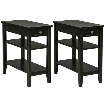 Gymax 3 Tier Side Table with Drawer (Set of 2), Brown