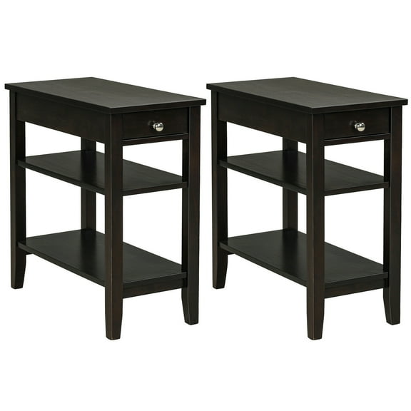 Gymax 3 Tier Side Table with Drawer (Set of 2), Brown