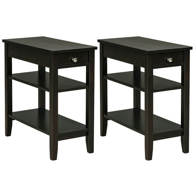 Gymax 2PCS 3-Tier End Table Sofa Side Table Nightstand w/ Shelf & Drawer Brown