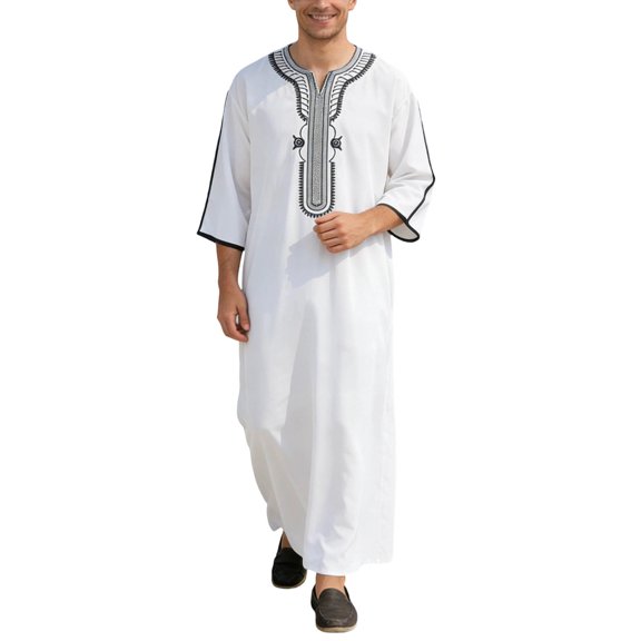 IWRICH Men's Muslim Clothes V-Neck Short Sleeve Plus Size Thobe Kaftan Loose Casual Solid Color Breathable Soft Thobe White XXXXL