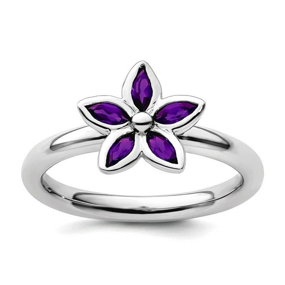 925 Sterling Silver Bezel Polished Stackable Amethyst Flower Ring Size 7 Stackable Ring for Women