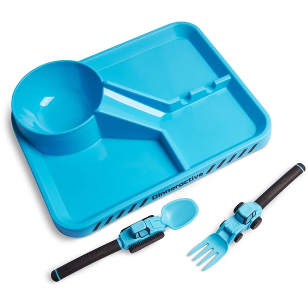 Juego de comedor Dinneractive para niños - Utensilios y platos para niños pequeños con temática de construcción de 3 piezas - Tenedores y cucharas para niños pequeños - Juego de platos para niños
