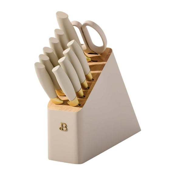 Beautiful 12 Piece Porcini & Gold Knife Block Set with Soft-Grip Ergonomic Handles by Drew Barrymore
