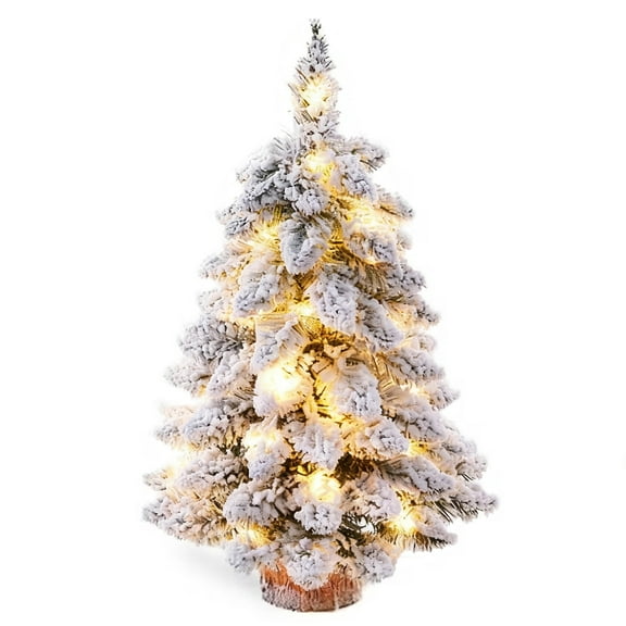 XEAZON Mini Christmas Trees for Tabletop, 18In Snow Flocked Christmas Tree with LED Lights and Wood Base, Small Christmas Pine Tree, Christmas Ornaments for Indoor Table Desk Home Shop Bar Party