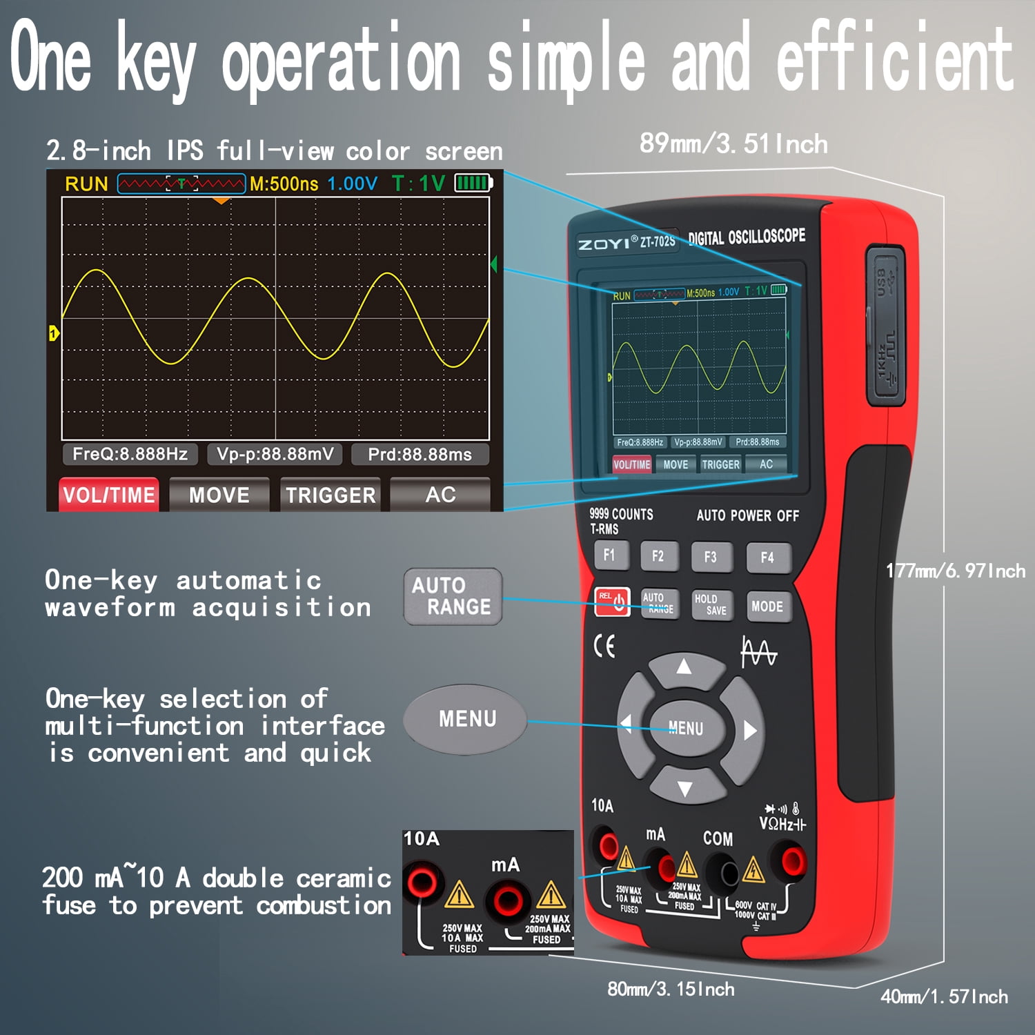 702S 2 n 1 oscilloscope multimeter, 10MHz Bandwidth, 48MSa/s Sampling, 2.8" IPS Display, USB Type-C Rechargeable, 9999 Counts T-RMS for Voltage and Waveform Testing
