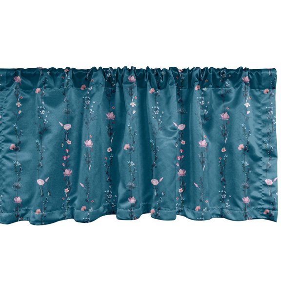 Ambesonne Floral Valance Pack of 2, Rhythmic Flowers and Leaves, 54"X12", Dark Turquoise Pale Pink
