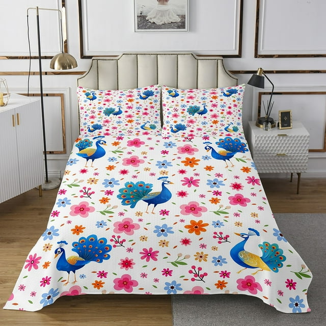 Ensemble de Courtepointe Paon Dessin Animé Simple Chic Floral pour Filles Garçons, Ensemble de Literie Animal Kawaii Ensemble de Couvre-Lit Fleurs Roses, Courtepointe Fleurs Colorées