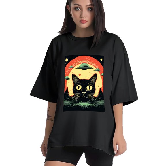 Plus Size Shirt for Women Black Tops for Women Short Sleeves Shirt for Women Retro Black Cat T Shirt Crewneck Shirt for Women XS
