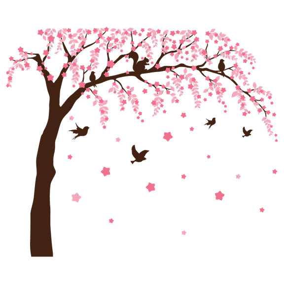 Outdoor Scene 17" x 20" Flowering Tree Birds & Squirrel Animal Silhouettes Adhesive Home Wall DÃ©cor Falling Pink Flowers Design Bedroom Vinyl Cherry Blossoms Wall Decal Sticker