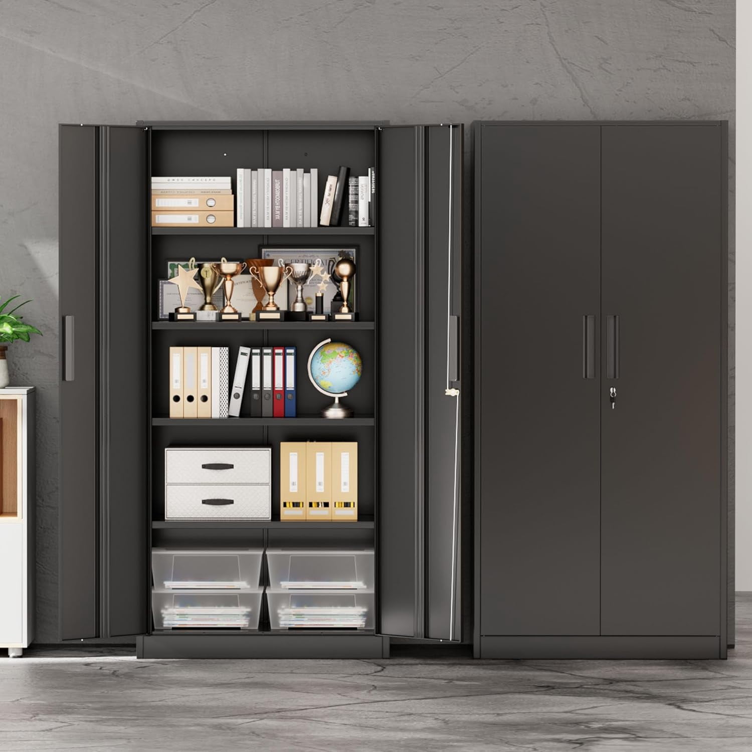 SOLAURA Metal Storage Office Cabinets with Locking Doors and Adjustable Shelves, 71 inch Tall Steel Storage Cabinet for Office, Home (Black)