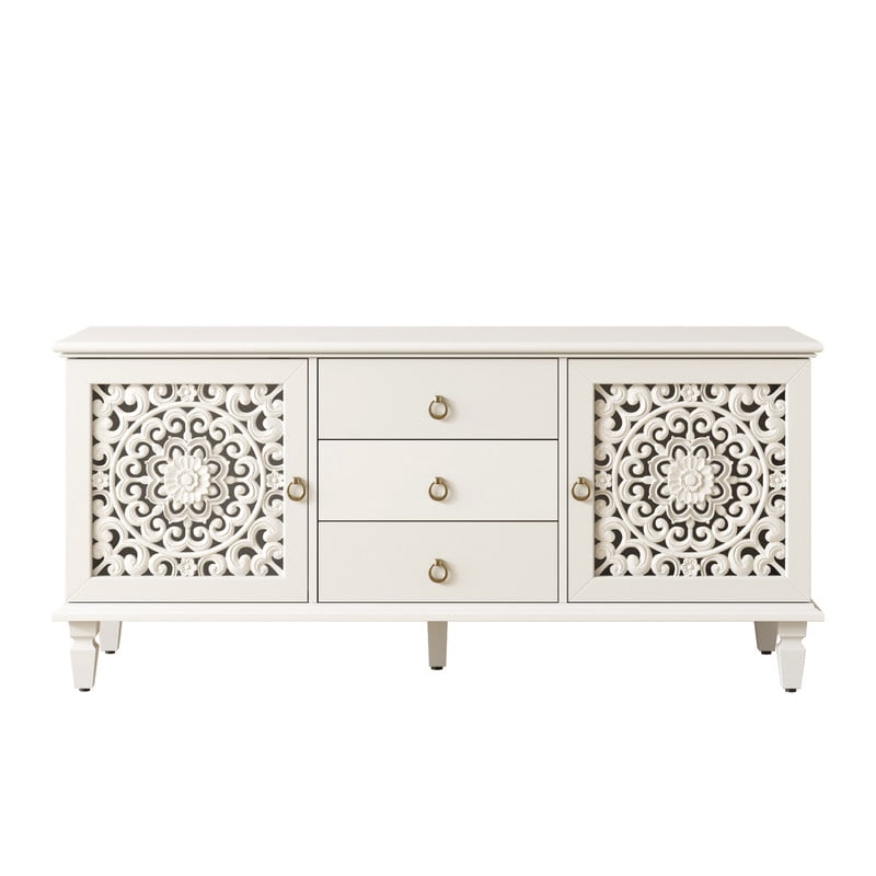 Vintage TV Stand with Carved Doors for 65'' TVs, Freestanding Storage Cabinet Media Console with Drawers & Adjustable Shelf