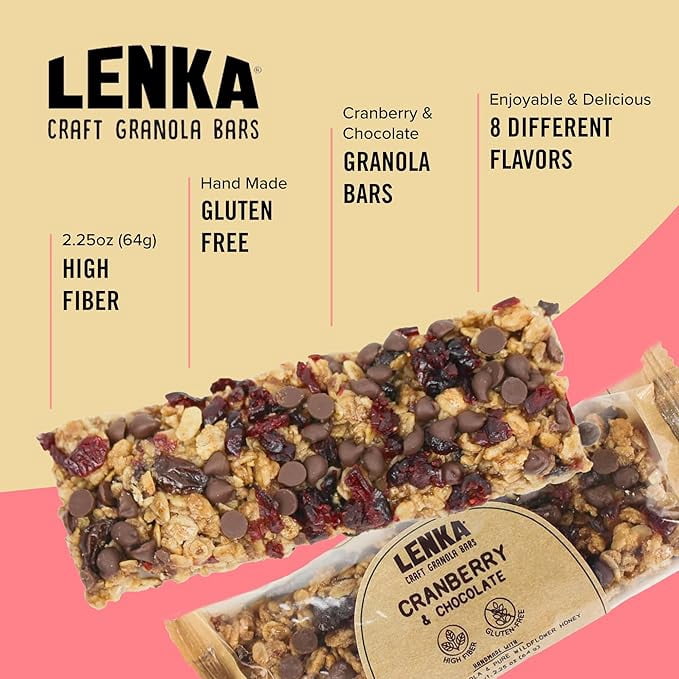 LENKA Handmade Craft Granola Bars - Cranberry Chocolate Gluten Free High Fiber - Nutritious Snack Bar with Chewy Granola - 12 Pack
