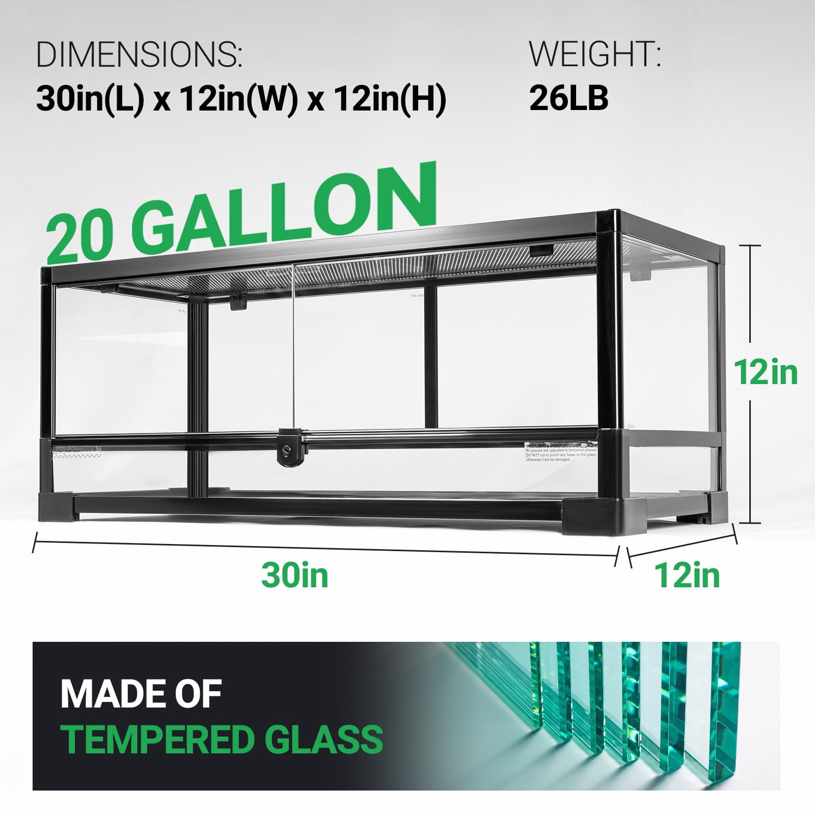 ECOSUB Tempered Glass Reptile Tank, 30" x 12" x 12" with Top Screen Ventilation & Water-Holding Bottom 20 Gallon