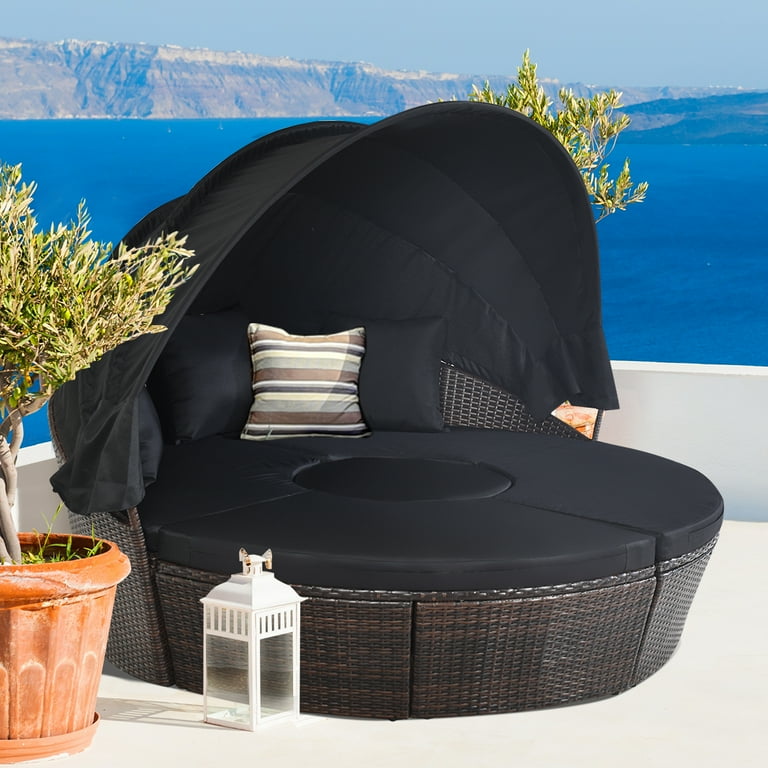 Costway Patio Rattan Daybed Cushioned Sofa Adjustable Table Top