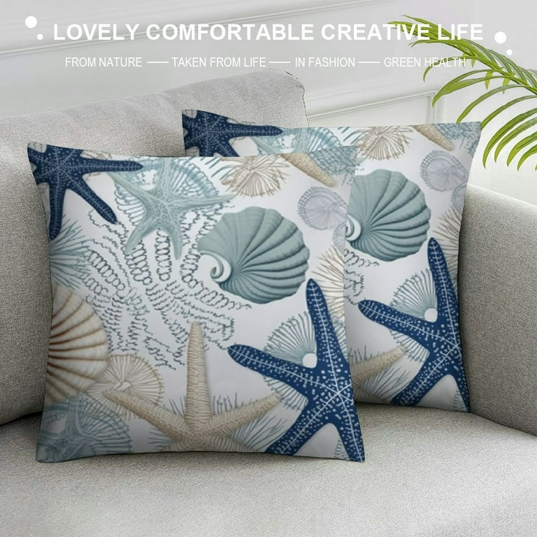 COMIO Nautical Coastal Throw Pillow Covers Summer Blue Ocean Themed Pillow Covers Seashell Starfish Beach Decorative Pillowcase Square Cushion Cover for Bedroom Sofa Home Decor Walmart