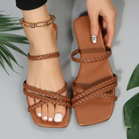 

PEASKJP Slippers Women Summer Women Slippers Flat Bottom Square Toe Open Toe Slippers Slippers for Women Platform Sandals Brown 8.5