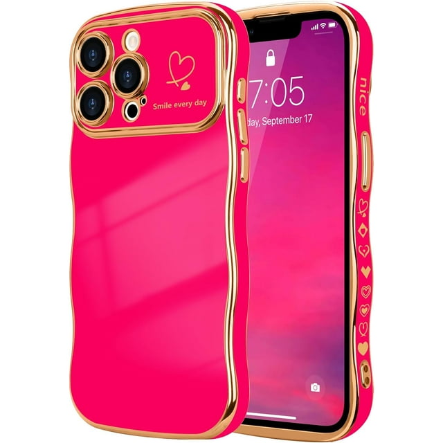Biwat iPhone 12 Pro Max Case for Women Girls, Cute Wave Frame Curly Shape with Love Heart Raised Camera Protection Cover Luxury Plating Shockproof Phone Case for iPhone 12 Pro Max, Hot Pink