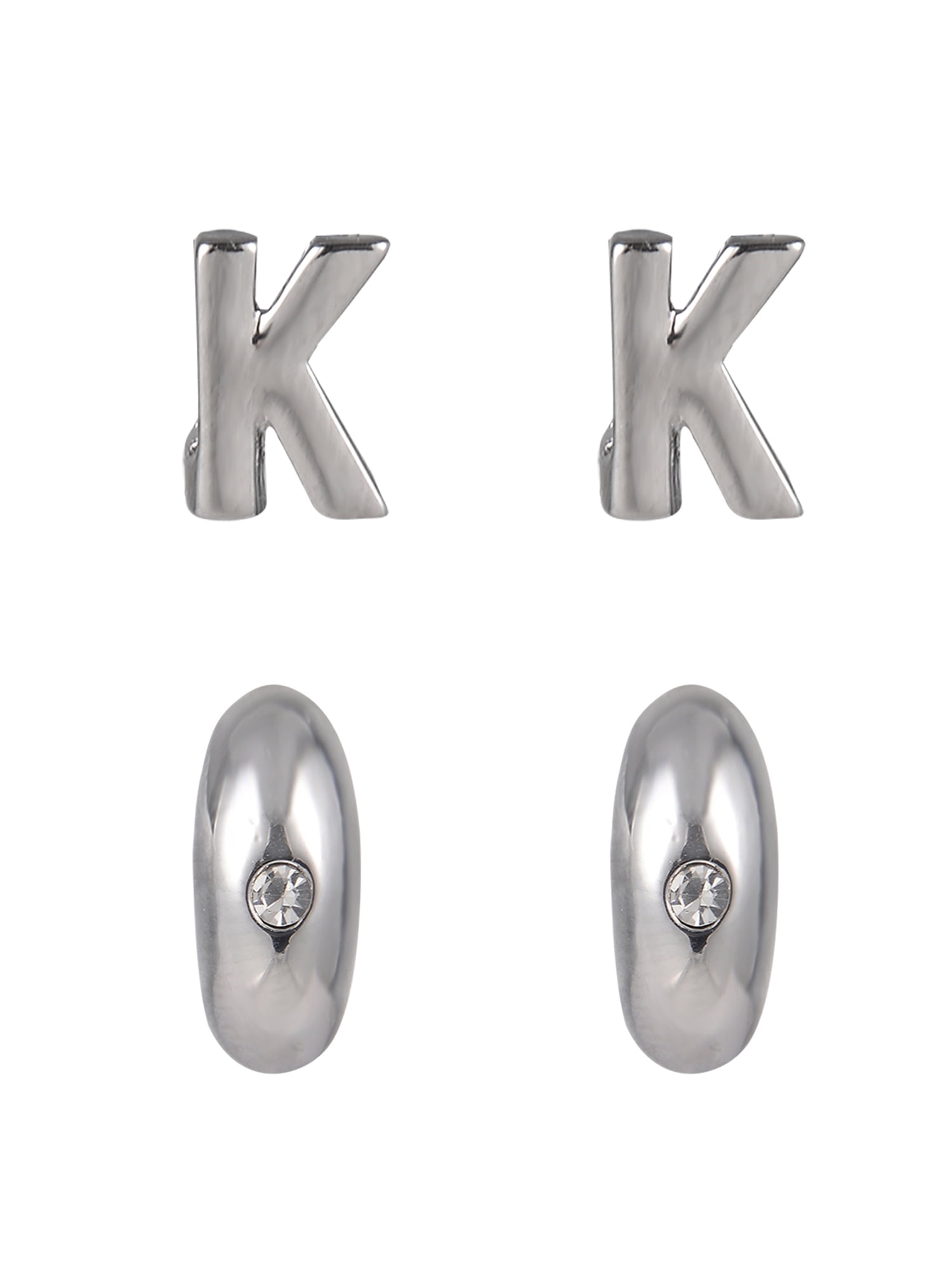 Time and Tru Silvertone 3-On Crystal Stud, Hoop, Initial "K" Earring Set