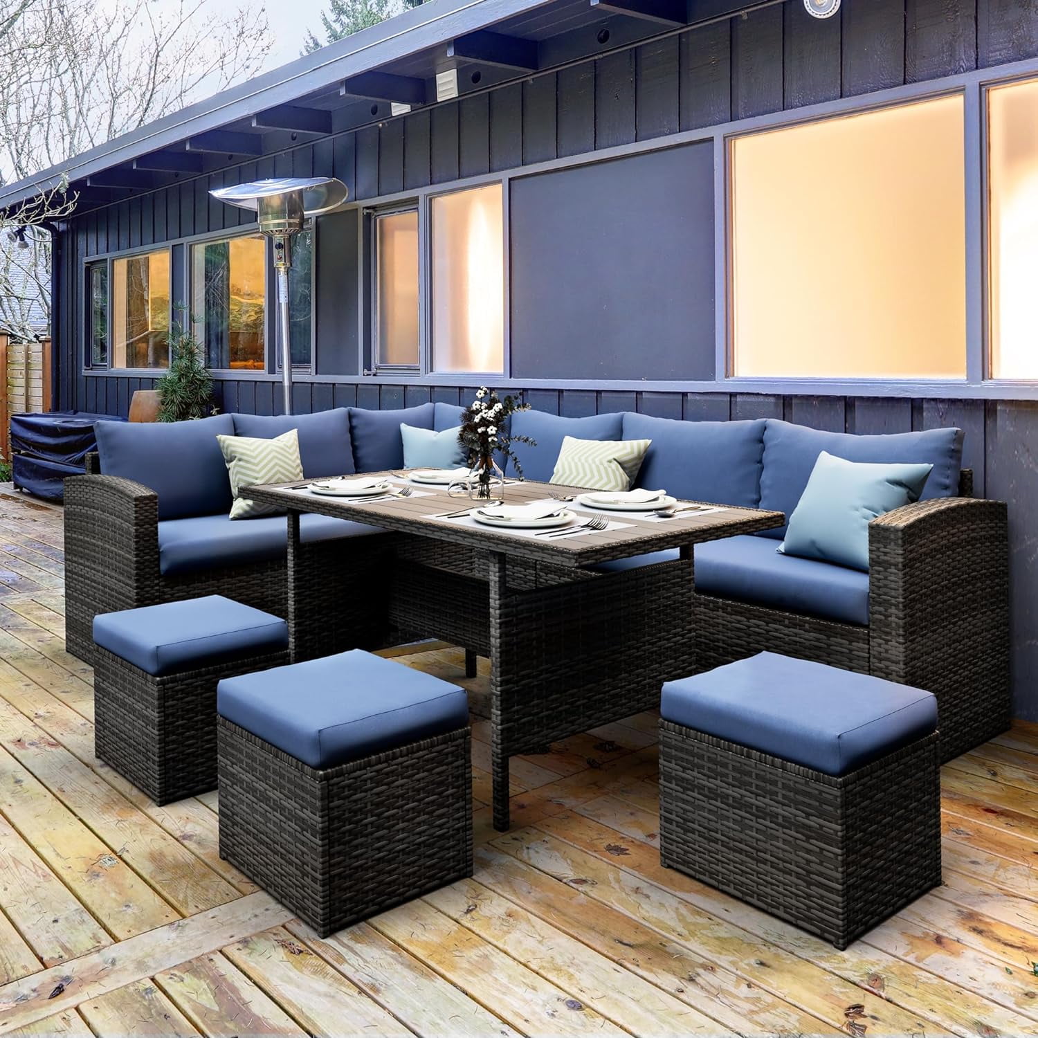 CozyHom 7 Pcs Outdoor Patio Sectional Dining Furniture Sofa Set PE Wicker Rattan Conversation Sofa Sets With Dining Table and Ottomans, Blue