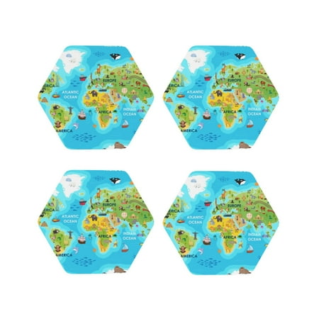 

Fuzoiu World Map With Animals Landmarks Print Leather Coasters Set Drink Coasters Set of 4 for Tabletop Protection Durable PVC Coasters Home Décor and Housewarming Gift-Hexagon