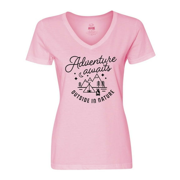 Inktastic Adventure Awaits Outside in Nature with Tent and Mountains Women's V-Neck T-Shirt